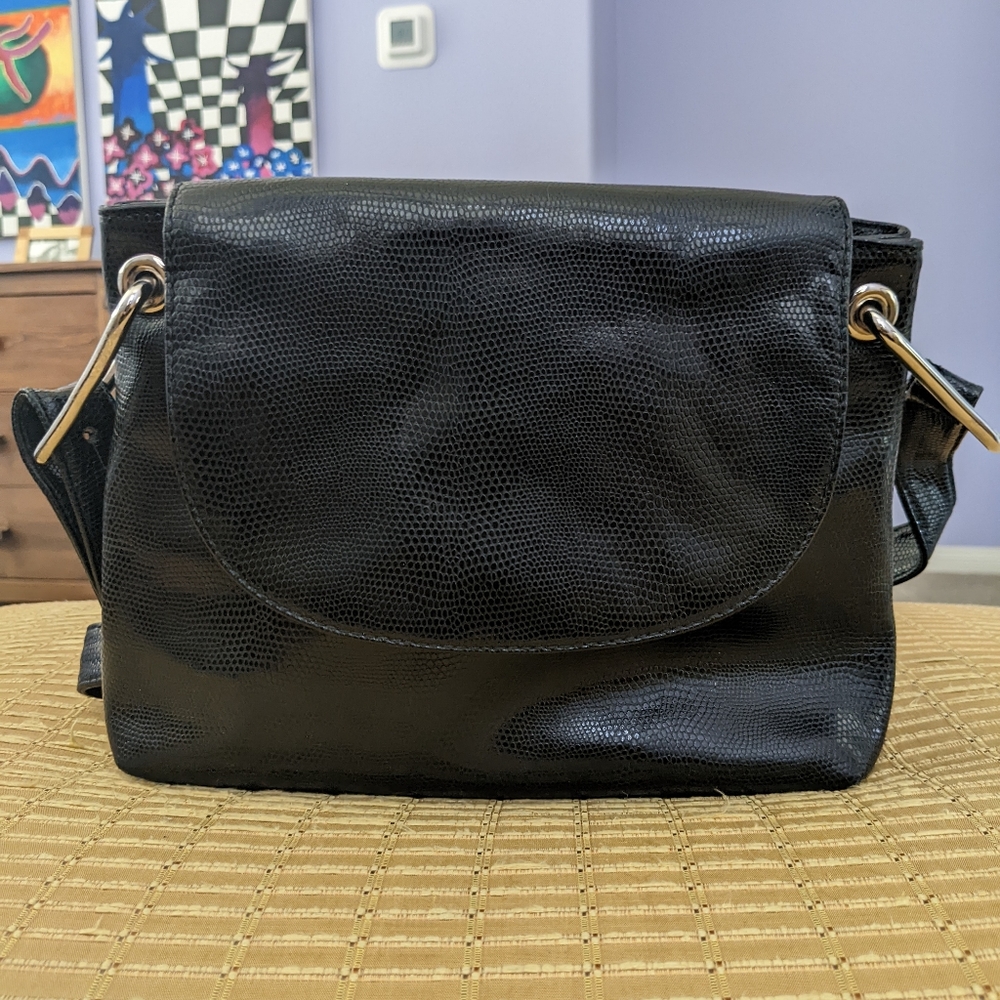Black Italian leather purse, eel skin texture